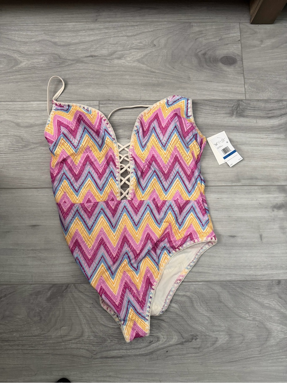 Jessica Simpson Pink, Yellow & Blue Zigzag Lace-Up One-Piece Swimsuit
